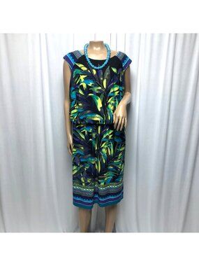 London Times Blouson Dress Womens Size 14W Black Purple Green Stretchy Office